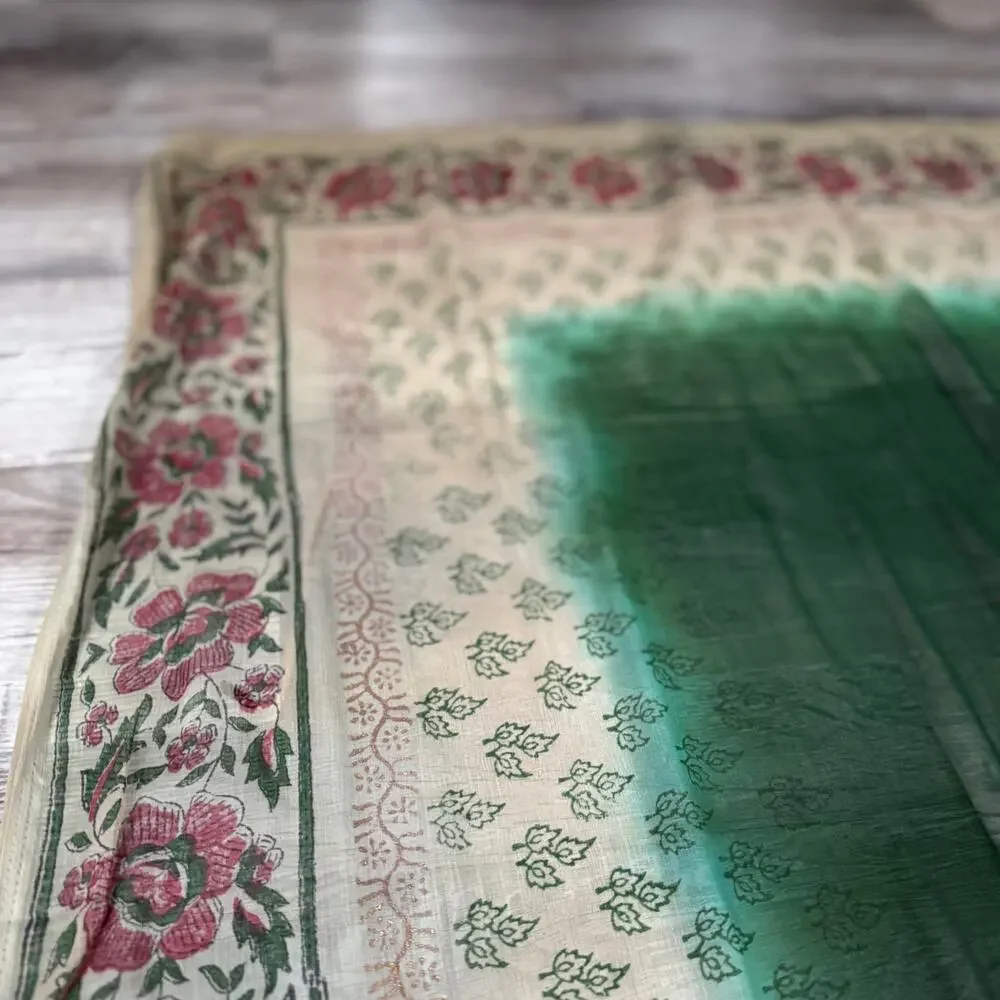 Vintage 70s Indian Floral Block Print Scarf Green Boho Sheer Wrap